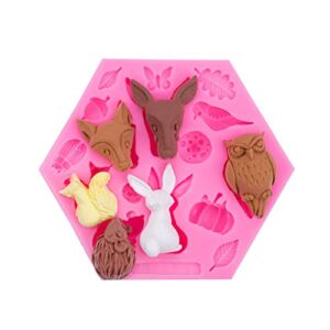 Forest Animals Insect Fondant Molds Zoo Animal Silicone Mold for Chocolate Candy Gum Paste Polymer Clay Resin Sugar Craft Cake Cupcake Decorating Supplies (Owl Fox Rabbit Pumpkin Leaf Squirrel)