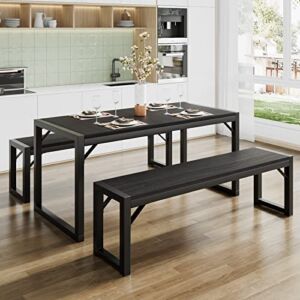 SHA CERLIN Dining Table Set with Two Benches, Rustic Kitchen Table Set for 4 People, Space-Saving Dinette, Heavy Duty Sturdy Structure, Easy Assemble, Black/Black