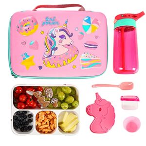 Insulated Lunch Box Kids Lunch Bag Set, Girls Lunchbox With 4 Compartment Bento Box Freezable Ice Pack Water Bottle Silicon Cap Salad Container, Toddler School Supplies Lunch Kit (Pink Unicorn)