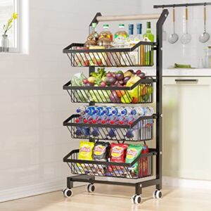 COVAODQ Storage Cart Fruit Basket 4-Tier Rolling Utility Cart with Handle, Multi-Functional Storage Trolley Fruit Basket for Kitchen Office, Living Room Black