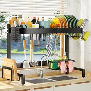 Over The Sink Dish Drying Rack, SAYZH Dish Drying Rack Auto-Drain Expandable (19.9 to 34 inch) 2-Tier Kitchen Counter Dish Drainer Rack with Metal Steel Utensil Cup Holder Sink Caddy, Black