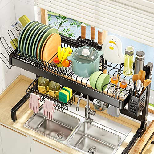 Over The Sink Dish Drying Rack, SAYZH Dish Drying Rack Auto-Drain Expandable (19.9 to 34 inch) 2-Tier Kitchen Counter Dish Drainer Rack with Metal Steel Utensil Cup Holder Sink Caddy, Black | The Storepaperoomates Retail Market - Fast Affordable Shopping