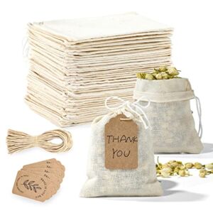 50 Pcs (4 X 3 Inch) Muslin Bags with 50 Pcs Gift Tags & Strings, Cotton Drawstring Sachet Bags for Wedding Party – Reusable DIY Christmas Gift Bags for Bath Salts, Tea, Candy, Spices, Jewelry, Crafts