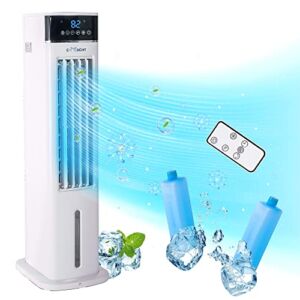 Evaporative Air Cooling Fan with 80° Oscillation Humidifier, Removable Water Tank, 2 Ice Packs, 12H Timer, Remote Control, 3 Speeds & 3 Wind Modes Portable for Room Home Office, Powerful