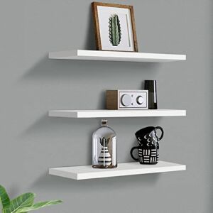 SENYAN White Floating Wall Shelves Set of 3 Wall Mounted Wood White Shelf Modern Storage Floating Wall Shelf Set with Invisible Brackets for Bathroom, Bedroom, Living Room, Kitchen, Office