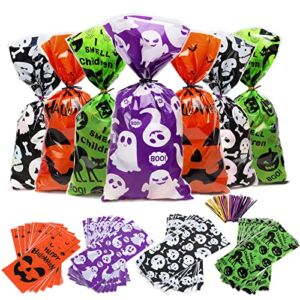 Halloween Cellophane Treat Bags for Candy 100 PCS, Halloween Candy Bags for Trick or Treat Party Kids with 120 Twists for Snacks Cookies Goodies Gift Packing