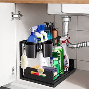 Metal Under Sink Kitchen Organizer with Cups and Hooks, 2 Tier L Shaped Rack Pull Out Under Sink Storage with Sliding Drawer, Multifunction Cabinet Organizer for Kitchen Bathroom Office Living Room