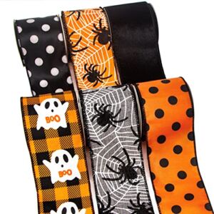 Ribbli Halloween Ribbon Wired ,6 Rolls Orange and Black Halloween Ribbon 2.5 Inch Total 90 Feets(30 Yards), Ghost/Spider/Polka Dot/Black Velvet Ribbon for Crafts,Wreaths,Party Decoration