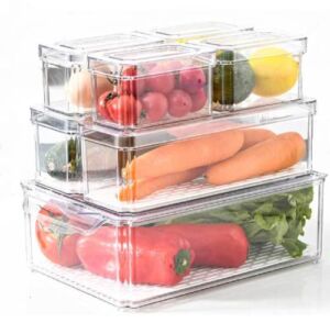 TOUSHI 7 Pack Fridge Organizers Stackable Refrigerator Organizer Bins with Lids,Fruit Storage Containers and Storage Clear Plastic Storage Bins for Food, Drinks, Vegetable Storage
