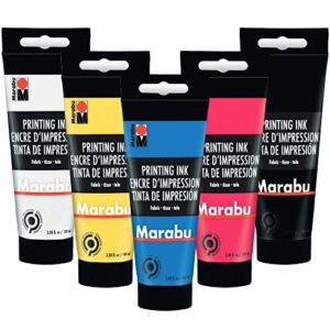 Marabu Fabric Screen Printing Ink – Set of 5 Colors Water-Based Screen & Block Printing Ink – Primary Yellow, Magenta, Cyan, Buff Titanium Light, and Carbon Black Screen Print Ink – Large 100ml Tubes