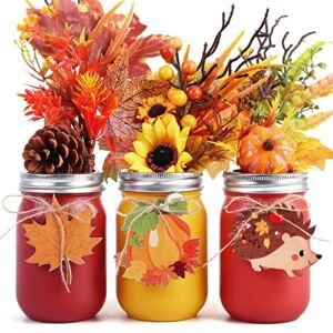 Fall Decor 9set, Mason Jar Decor wh/ Wood Sign & Flowers Artificial-Fall Decorations for Home, Kitchen, Living Room, Office-Gifts for Fall Party, Wedding Decorations, Fall Centerpieces for Tables