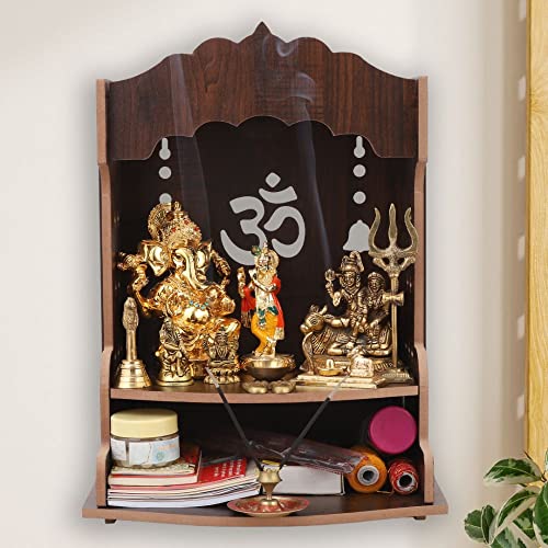 WALLZY Pooja Wooden Mandir for Home Wall Mounted | Wood Puja Home Temple with Double Shelf for Storage and God Idols Decoration for Living Room, Bedroom and Office | The Storepaperoomates Retail Market - Fast Affordable Shopping