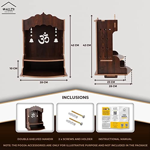 WALLZY Pooja Wooden Mandir for Home Wall Mounted | Wood Puja Home Temple with Double Shelf for Storage and God Idols Decoration for Living Room, Bedroom and Office | The Storepaperoomates Retail Market - Fast Affordable Shopping