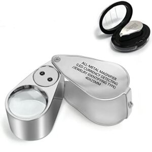 40X Full Metal Illuminated Jewelers Eye Loupe Magnifier, Small Pocket Folding Magnifying Glass Jewelry Loop with LED for Gems, Jewellery, Coins, Map, Stamps, Currency Detect, Elders Gift, 1” Lens Dia