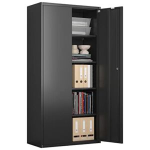 Metal Storage Cabinets with Locking Doors and 4 Adjustable Shelves, Steel Storage Cabinet for Garage, Office, Classroom,Black