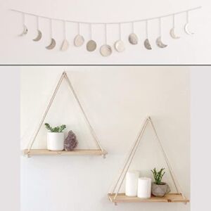 Hanging Shelves for Wall [Set of 2 w/ Hooks] Wooden Shelf Macrame Rope, Natural Light Reclaimed Wood, Moon Phase Wall Hanging, Handmade Hammered Silver Metal 13 Moons 36″ Garland Boho Decor