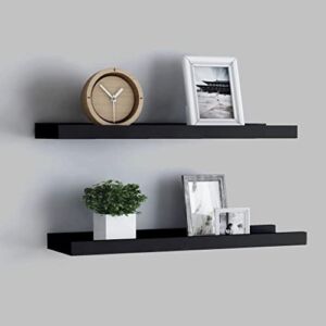 Natulvd Wall Shelves with Ledge, 15.7 Inch Floating Picture Ledge Shelf Set of 2, Narrow Wall Mounted Shelf for Decor and Display, for Bedroom, Living Room, Bathroom, Black
