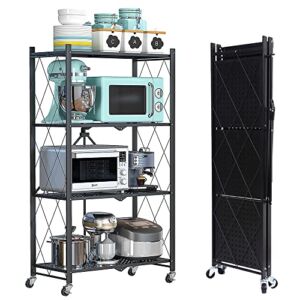 MYDENIMSKY 4-Tier Storage Shelves, Metal Storage Shelves Rack, Foldable Shelving Units with Wheels, Wire Shelving Units No Assemble Required, Movable Garage Shelves, Kitchen and Garden Shelves, Black