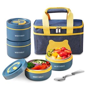 YBOBK HOME Thermal Lunch Box For Food,Portable Insulated Lunch Container With Bag,Microwave Safe Stackable Bento Lunch Box,Leakproof 18/8 Stainless Steel Food Container For Adults (Blue 4Pcs 68oz)
