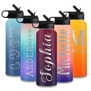 Personalized Water Bottle with Straw,Gradient Custom Insulated Stainless Steel Sports Water Bottle with Name or Text-Double Wall Vacuum Insulated Gift Cup for Kids Women Men-20 Fonts
