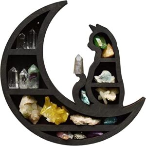 YUDIZWS Crystal Display Shelf for Home Wall Decor Cat in the Moon Wood Floating Shelf Multipurpose Storage Rack Bedroom Display for Crystals Stone Essential Oil Black