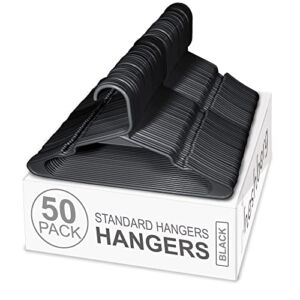 Heshberg Plastic Notched Hangers Space Saving Tubular Clothes Hangers Standard Size Ideal for Everyday Use on Shirts, Coats, Pants, Dress, Skirts, Etc. (50 Pack, Black)