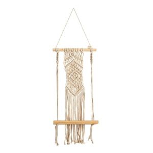 22″ Boho Chic Wood Macrame Shelf with Diamond Weave 22 Brown Modern Contemporary Copper Finish 3dp