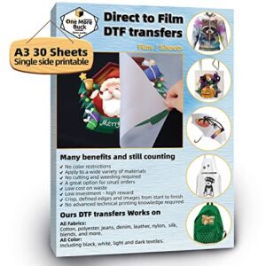 OneMoreBuck DTF Transfer A3 30 Sheets, Matte Clear PreTreat Sheets PET Heat Transfer Paper for DIY, Direct to Film Print on Any Textile