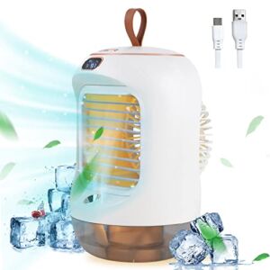 3 IN 1 Portable Air Conditioner – Sprayable Misting Humidification Cooling Fan,3600mAh USB Rechargeable, 3 Speeds and 90 Degree Pivoting Head with Night Light – Quiet Tabletop Fan for Home, Bedroom