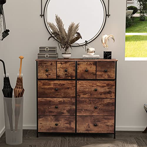 Semoic Dresser for Bedroom with 10 Drawers,Storage Drawer Organizer with Fabric Bins,Steel Frame, Wood Top, Easy Pull Handle, for Closet, Clothes, Kids, Baby, Living Room,Rustic Brown Wood Grain Print | The Storepaperoomates Retail Market - Fast Affordable Shopping