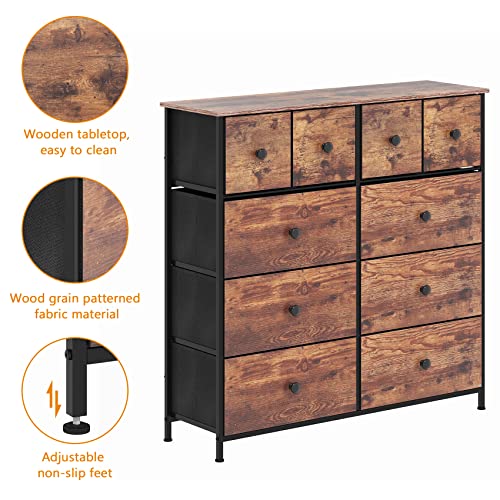Semoic Dresser for Bedroom with 10 Drawers,Storage Drawer Organizer with Fabric Bins,Steel Frame, Wood Top, Easy Pull Handle, for Closet, Clothes, Kids, Baby, Living Room,Rustic Brown Wood Grain Print | The Storepaperoomates Retail Market - Fast Affordable Shopping