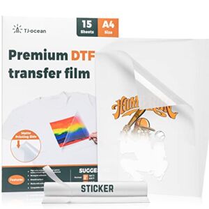 TJ-OCEAN Premium DTF Transfer Film- A4 (8.3″ x 11.7″) 15 Pcs of Glossy Transparent PreTreat Sheets PET Iron-on Transfer Film and 1 Pcs Sticker for DIY Printing Directly on T-Shirt Textiles