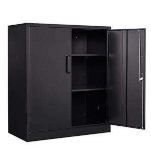 Yizosh Metal Garage Storage Cabinet with 2 Doors and 2 Adjustable Shelves – 35.5″ Steel Lockable File Cabinet,Locking Counter Cabinet for Home Office,Garage,Gym,School（Black） (Black)