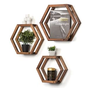 Hexagon Floating Shelves – 3 pieces – Walnut Wood Honeycomb Shelves for Living Room – Wall-Mounted Octagon Shelves for Hallway – Farmhouse Wall Display Shelves – Rustic Hanging Wall Decor Shelves