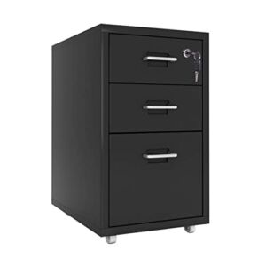 Zakamaur Storage Cabinet 3 Drawer Small Metal Lockable Endtable Nightstand with Wheels for Office Home, Black