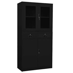Office Cabinet,Storage Furniture Office Cabinet Cabinet Metal Locker for Home Office, Living Room, Bedroom Black 35.4″x15.7″x70.9″ Steel and Tempered Glass