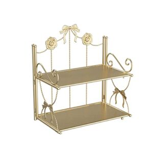 BOOMLATU Foldable 2-Tier Desktop Storage Organizer Shelves,Metal Bathroom Shelf with Bows and Roses Frame for Countertop,Kitchen,Office,Bathroom,Bedroom (Gold, 2-Tier)