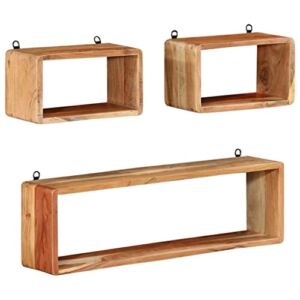 3 Piece Wall Cube Shelf Set Solid Acacia Wood Floating Shelf, Wall Shelf with Invisible Bracket for Bedroom, Bathroom, Living Room, Kitchen
