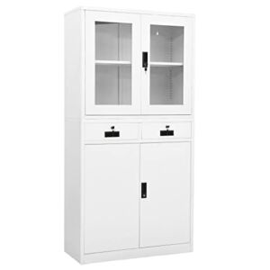 Office Cabinet,Storage Cabinet with Doors, Multipurpose Storage Rack,with 3 Adjustable Shelves,White 35.4″x15.7″x70.9″ Steel and Tempered Glass