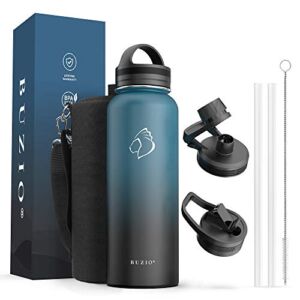 BUZIO 40oz Water Bottle, Stainless Steel Insulated Water Flask with Straw Lids, Canteen Metal Thermo Mug Hydro Cup Jug, Double Vacuum Hot Cold Water Bottles with Carrying Pouch, Indigo Black Gradient