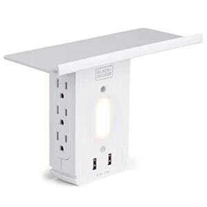 Black+Decker Surge Protector Outlet Shelf with Night Light, 6 Grounded Outlets, 2 USB, 100 Lumen