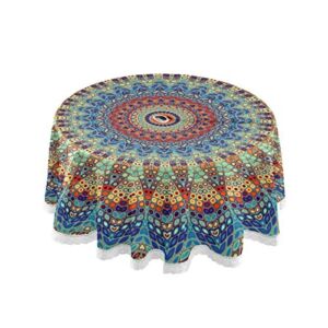 Qilmy Mandala Outdoor Tablecloth 60 Inch Waterproof Round Tablecloth with Umbrella Hole and Zipper for Backyard Party BBQ Decor