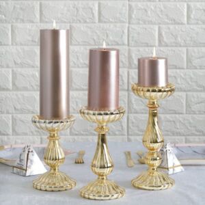 TABLECLOTHSFACTORY Set of 3 Gold Mercury Glass Pillar Candle Holders – 7″ | 8.5″ | 10″
