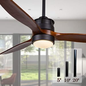 EKIZNSN 52 Inch Outdoor Black Ceiling Fan with Lights and Remote Control for Farmhouse/ Patios, 3 Walnut Wood Blades, 3 Downrod Included