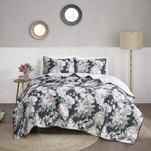 Madison Park Mavis 100% Cotton Coverlet, Floral Print Reverse to Stripe Modern Luxe All Season Bedspread Bed Set with Matching Shams, King/Cal King(104″x92″), Dark Blue 3 Piece