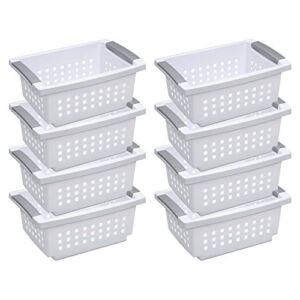 Sterilite Small Plastic Stacking Storage Basket Container Totes w/Comfort Grip Handles and Flip Down Rails for Household Organization, White, 8 Pack