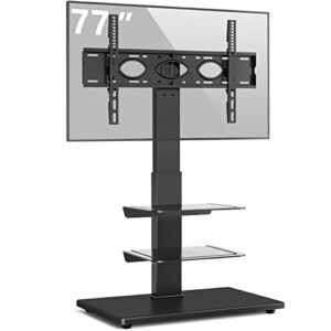 Rfiver Swivel Floor TV Stand with Mount, Wood Base and 2 Flexible Media Shelves for 40 43 49 50 55 60 65 70 75 77 Inch Flat Screens/Curved TVs, Height Adjustable Corner TV Stand for Bedroom and Office