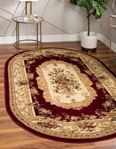 Unique Loom Versailles Collection Traditional Classic Floral Motif Area Rug (5′ 0 x 8′ 0 Oval, Burgundy/ Ivory)