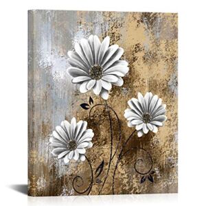 SkenoArt Rustic Floral Wall Art for Farmhouse Decor Brown Gold Grey Daisy Flowers Painting on Canvas Country Artwork Prints Picture Gallery for Home Kitchen Bathroom Decor Ready to Hang