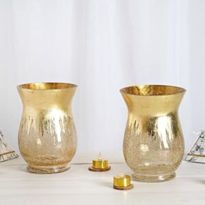 TABLECLOTHSFACTORY Pack of 2 8″ Tall Handmade Gold Foil Crackle Glass Vases Hurricane Candle Holders